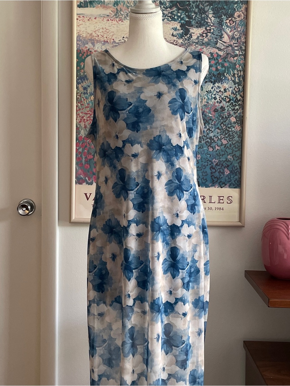 Bebe Blue Watercolor Floral Maxi Scoop Neck Fairy Wedding Guest Dress Y2K Large